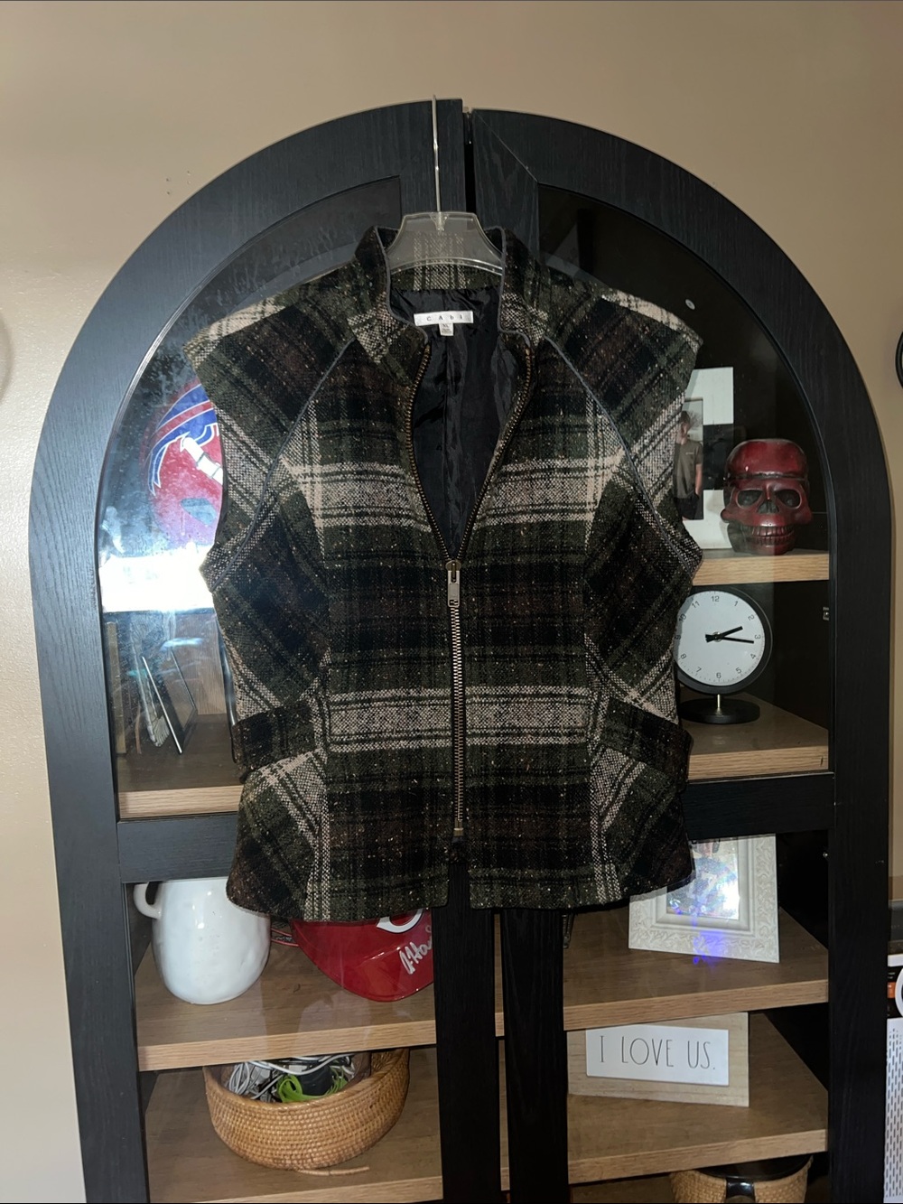 CAbi Plaid Zip Vest in Olive, Black & Cream NWOT XL